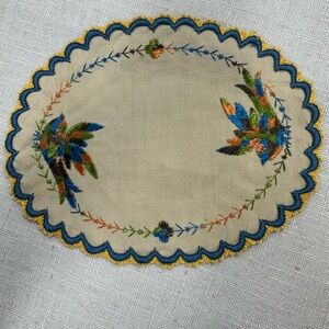 Antique Embroidered Oval Table Mat with Scalloped Edge